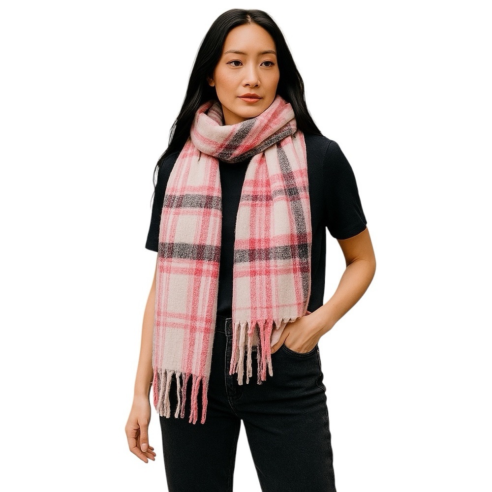 Steve Madden Pink White Plaid Fuzzy Plush Fringed Chunky Long Oversized Scarf
